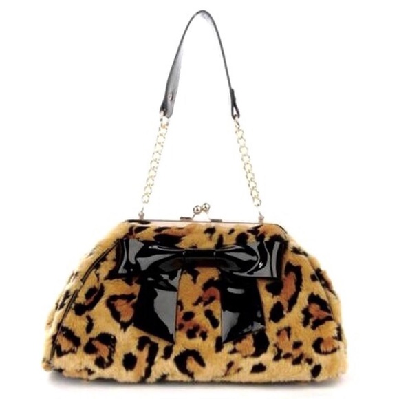 Pinup Couture Handbags - ✨ Pinup Couture leopard faux fur gold chain purse black bow details bag